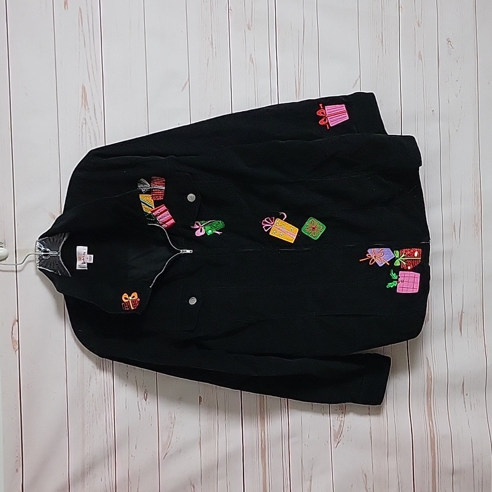 Quacker Factory Black Corduroy Jacket Top Long Sleeve Christmas Presents Tunic